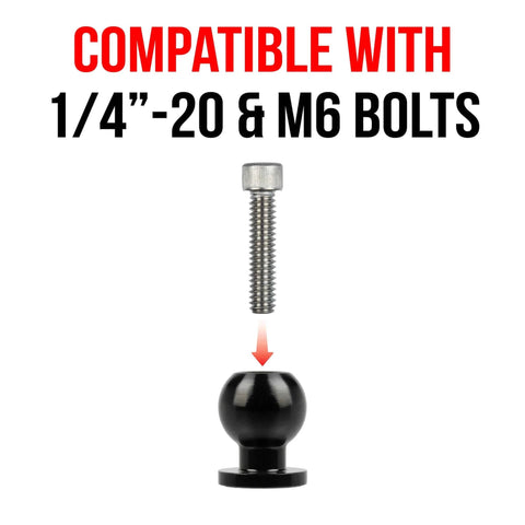 Image of 20mm Aluminum Ball with 1/4"-20 (6mm) Thru Hole, bolt above, compatibility text, Enduro 20 Series, hardware not included.