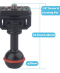 20mm Ball to 1/4"-20 Camera Screw Adapter for Bulletpoint Mounting Solutions and Camera Rigs, Compatible with SmallRig Camera Cages, Magic Arms, with ARRI Retractable Locating Pins showing dimensions and features.