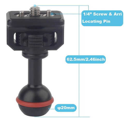 20mm Ball to 1/4"-20 Camera Screw Adapter for Bulletpoint Mounting Solutions and Camera Rigs, Compatible with SmallRig Camera Cages, Magic Arms, with ARRI Retractable Locating Pins showing dimensions and features.