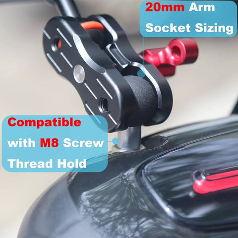 Close-up of 20mm Ball Adapter with M8 Stud for Motorcycle GPS and Dash Cam Mounts, showing TPU coating and stainless steel core