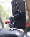 20mm Ball Adapter with M8 Stud for Motorcycle GPS and Dash Cam Mounts installed on a handlebar holding a smartphone securely