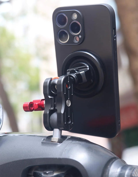 20mm Ball Adapter with M8 Stud for Motorcycle GPS and Dash Cam Mounts installed on a handlebar holding a smartphone securely