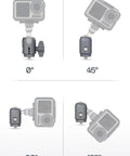 Single Socket Swivel Arm For 20mm Ball Head Adapter With One Quarter Twenty Threaded Screw Compatible With GoPro And Action Cameras showing angle adjustments at 0, 45, 90, and 135 degrees.