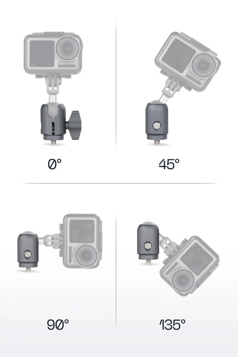 Single Socket Swivel Arm For 20mm Ball Head Adapter With One Quarter Twenty Threaded Screw Compatible With GoPro And Action Cameras showing angle adjustments at 0, 45, 90, and 135 degrees.