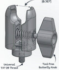 Diagram of Single Socket Swivel Arm For 20mm Ball Head Adapter With One Quarter Twenty Threaded Screw, showing ball joint and butterfly knob.