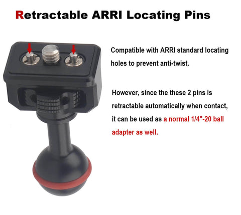Close-up of 20mm Ball to 1/4"-20 Camera Screw Adapter for Bulletpoint Mounting Solutions with ARRI Retractable Locating Pins.