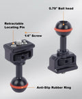 20mm Ball Head Adapter with Quarter Inch Screw and Anti-Slip Ring showing retractable locating pin and ball head.