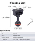 Dimensions and specifications of 20mm Ball Head Adapter With A Quarter Inch Screw And Anti Slip Ring CNC Machined Aluminum