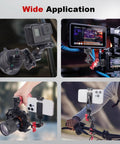 20mm Ball Head Adapter with Quarter Inch Screw, shown in camera, phone, LED mount setups on rigs, highlighting versatility.