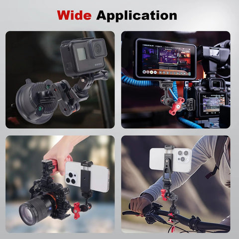 20mm Ball Head Adapter with Quarter Inch Screw, shown in camera, phone, LED mount setups on rigs, highlighting versatility.
