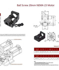 20mm CNC Ballscrew Kit SFU2010 RM2010 Anti-Backlash Ball Screw diagram with Nema 23 motor specs and dimensions displayed
