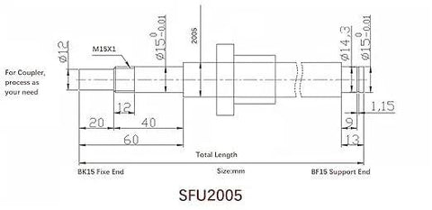 Diagram of 20mm Anti Backlash Ballscrew SFU2005 RM2005 With 700mm Length And 5mm Lead Metal Nut Standard End Machining for BK BF15