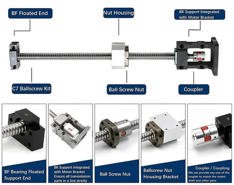 20mm CNC Ballscrew Kit SFU2010 RM2010 with BK/BF15 Bearing, Nut, and Coupler for Nema 23 Stepper Motor, detailed components view.