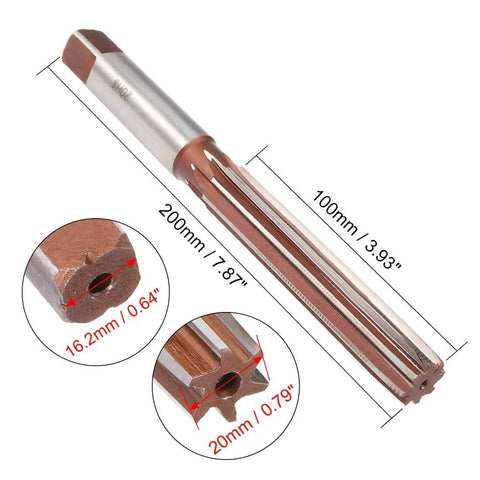 20mm Hand Reamer Pro Grade Heavy Duty Alloy Tool Steel H8 With 8 Straight Flutes, showing dimensions and square shank close-up