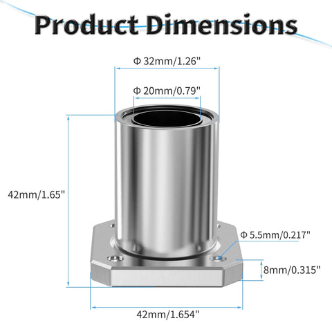 Double-Seal 20mm ID Linear Bearing with Square Flange dimensions showing 42mm height and 32mm outer diameter