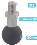 20mm Ball Adapter With M8 Stud For Motorcycle GPS And Dash Cam Mounts Unbreakable Stainless Steel Core With TPU Coating.