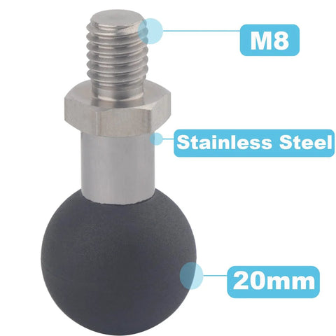 20mm Ball Adapter With M8 Stud For Motorcycle GPS And Dash Cam Mounts Unbreakable Stainless Steel Core With TPU Coating.