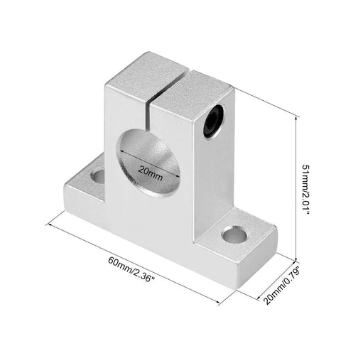Aluminum 20mm Shaft Support SK20 Linear Motion Guide Block Set For CNC Machines And 3D Printers, showing dimensions and design features.