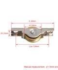 20mm Slotted Sliding Roller Wheel Set For Wardrobes Cabinets Bookcases And Doors With Copper Wheel And Metal Construction For Durable Smooth Sliding Of Furniture And Window Panels Set Of 20 shown with dimensions.