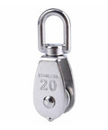 Stainless steel M20 single wheel pulley for wire rope hoisting, built with a 304 stainless steel body, 360 degree swivel wheel