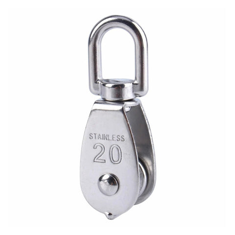 Stainless steel M20 single wheel pulley for wire rope hoisting, built with a 304 stainless steel body, 360 degree swivel wheel