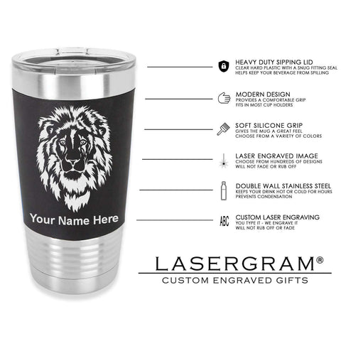 20oz Vacuum Insulated Tumbler Mug With Personalized Engraving Included, Silicone Grip, Black Finish, Lion Image, Lasergram