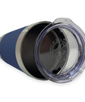 Open view of the Twenty Oz Vacuum Insulated Tumbler Mug With Dope Boat Anchor Design In Navy Blue Silicone Grip And Personalized Engraving Included For Names Quotes And Special Messages, showing its clear lid and navy blue silicone grip.
