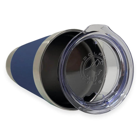 Open view of the Twenty Oz Vacuum Insulated Tumbler Mug With Dope Boat Anchor Design In Navy Blue Silicone Grip And Personalized Engraving Included For Names Quotes And Special Messages, showing its clear lid and navy blue silicone grip.