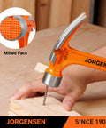 Heavy duty 20 oz straight claw hammer with magnetic nail holder, milled face, and one-piece forged steel build in use