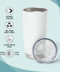 Personalized 20 Oz PhD Tumbler For Women And Men, Doctor Of Philosophy Gift, shown with lid and feature icons, BPA-free, double-walled