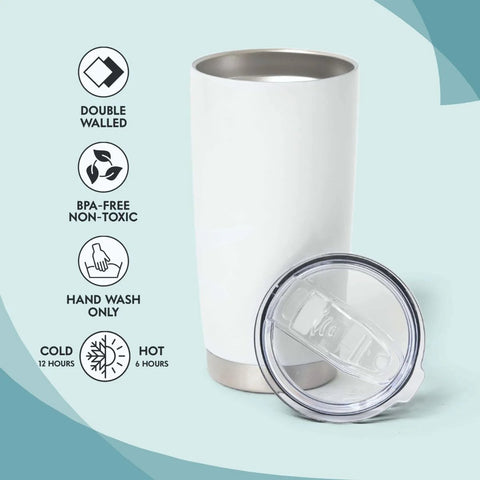 Personalized 20 Oz PhD Tumbler For Women And Men, Doctor Of Philosophy Gift, shown with lid and feature icons, BPA-free, double-walled