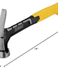 Efficient 20 oz rip claw hammer designed for framing and demolition delivers reliable driving power and fast nail removal on rough job sites, featuring a one piece forged steel body and steel face for durable, dependable performance. Front view with dimensions.