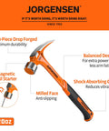 Heavy duty 20 oz straight claw hammer with magnetic nail holder, milled face, one-piece forged steel build, shock absorbing grip