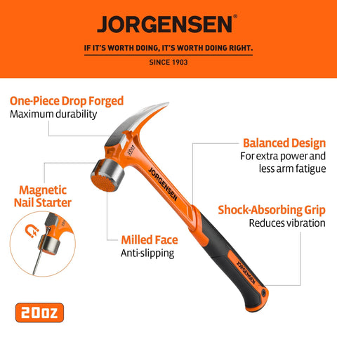 Heavy duty 20 oz straight claw hammer with magnetic nail holder, milled face, one-piece forged steel build, shock absorbing grip
