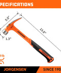 Heavy duty 20 oz straight claw hammer with magnetic nail holder, milled face, and one-piece forged steel build plus a shock absorbing grip.