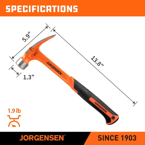 Heavy duty 20 oz straight claw hammer with magnetic nail holder, milled face, and one-piece forged steel build plus a shock absorbing grip.
