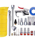 20-Piece 1/4 Inch NPT Air Tool Kit with a 25 ft coil nylon hose and tire gauge, showing yellow hose and various metal tools.