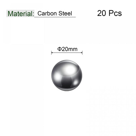 Image of a single 20mm carbon steel bearing ball, precision polished, part of a 20pcs set.