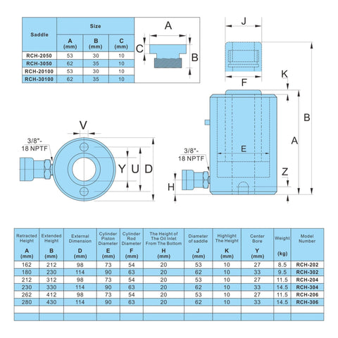 Technical diagram of ✝️ 20T Hydraulic Cylinder Jack Hollow Single Acting Hydraulic Ram Cylinder 2"(50mm) with specifications table.