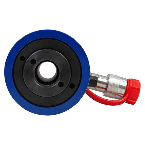 Front view of a 20T Hydraulic Cylinder Jack Hollow Single Acting Hydraulic Ram Cylinder 2"(50mm) with blue and black components