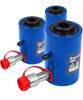 Four blue 20T Hydraulic Cylinder Jack Hollow Single Acting Hydraulic Ram Cylinders 2"(50mm) with connectors, for lifting and repairs.