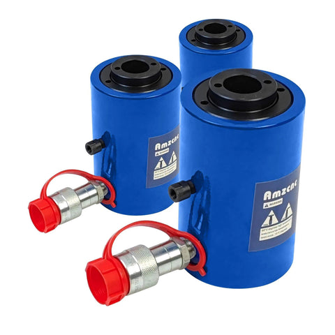 Four blue 20T Hydraulic Cylinder Jack Hollow Single Acting Hydraulic Ram Cylinders 2"(50mm) with connectors, for lifting and repairs.