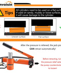 Instructional image for 20T Hydraulic Cylinder Jack Porta Power Ram 2" Stroke use on flat surfaces, with a tip on pressure release.