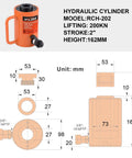 Diagram of ✝️ 20T Hydraulic Cylinder Jack Hollow Single Acting with measurements and specifications, model RCH-202.