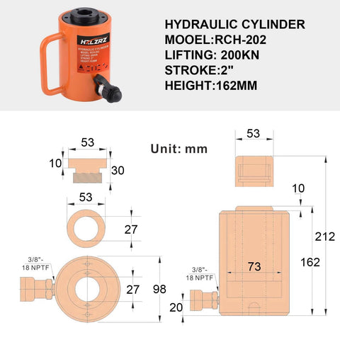Diagram of ✝️ 20T Hydraulic Cylinder Jack Hollow Single Acting with measurements and specifications, model RCH-202.
