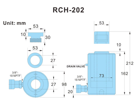 Technical diagram of 20T Hydraulic Cylinder Jack Hollow Single Acting Hydraulic Ram Cylinder 2"(50mm) with measurements and drain valve