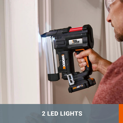 Side view of 20V cordless 2-in-1 brad nailer and stapler for trim, cabinetry, light framing, showing LED work light in use