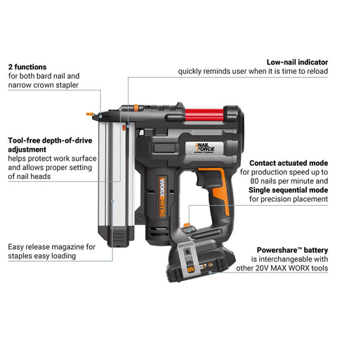 20V cordless 2-in-1 brad nailer and stapler for trim, cabinetry, and light framing with features highlighted