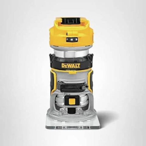Front view of a DEWALT 20V Max XR Cordless Brushless Router with Variable Speed Dual LEDs and Precise Depth Adjustment.