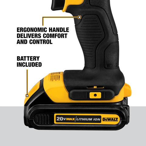 Close-up of 20V Max Cordless Drill Driver Set ergonomic handle with battery included, showing focus on comfort and control.